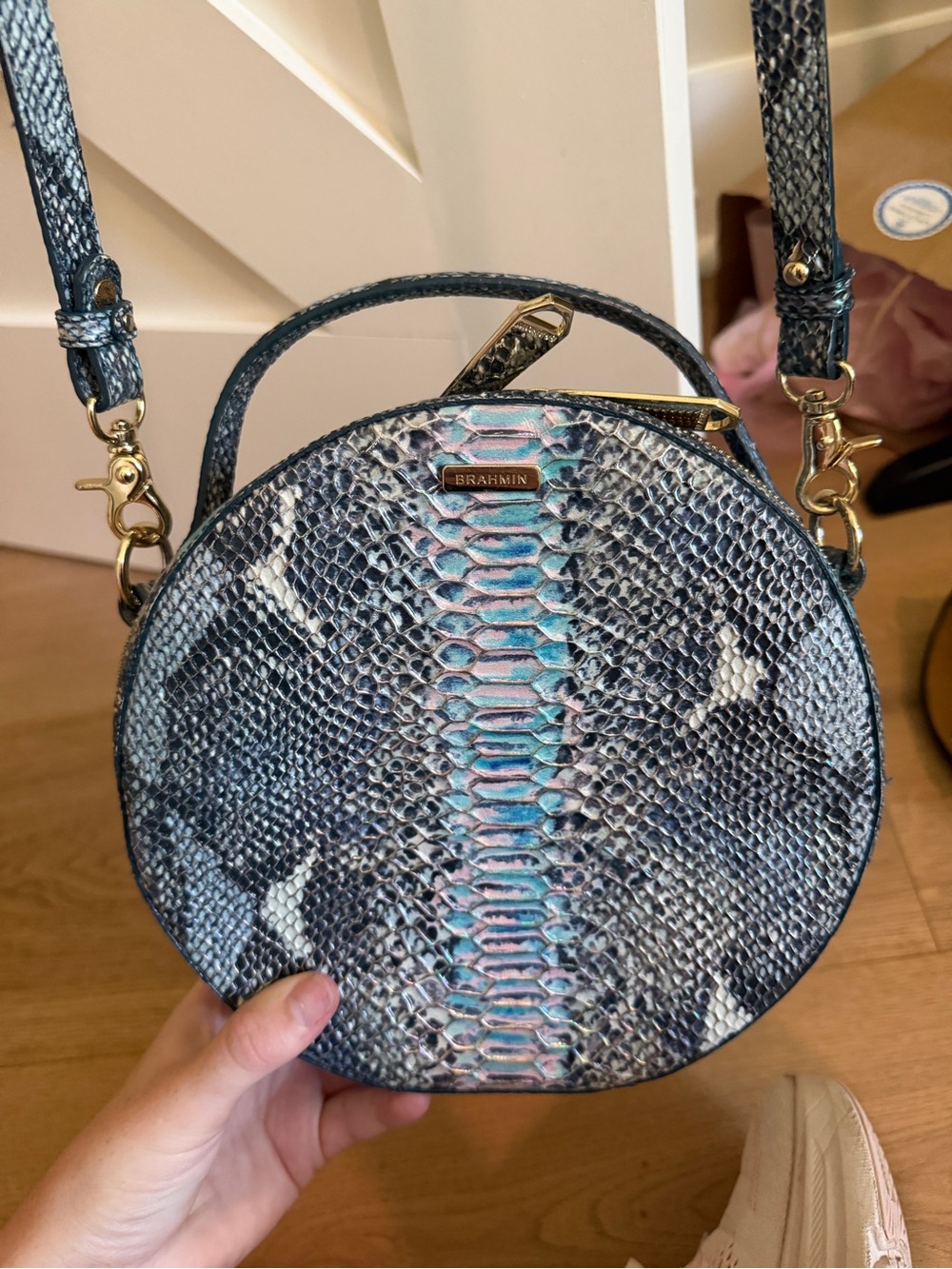 Brahmin Teal and Cream Snake-Print Round Crossbody